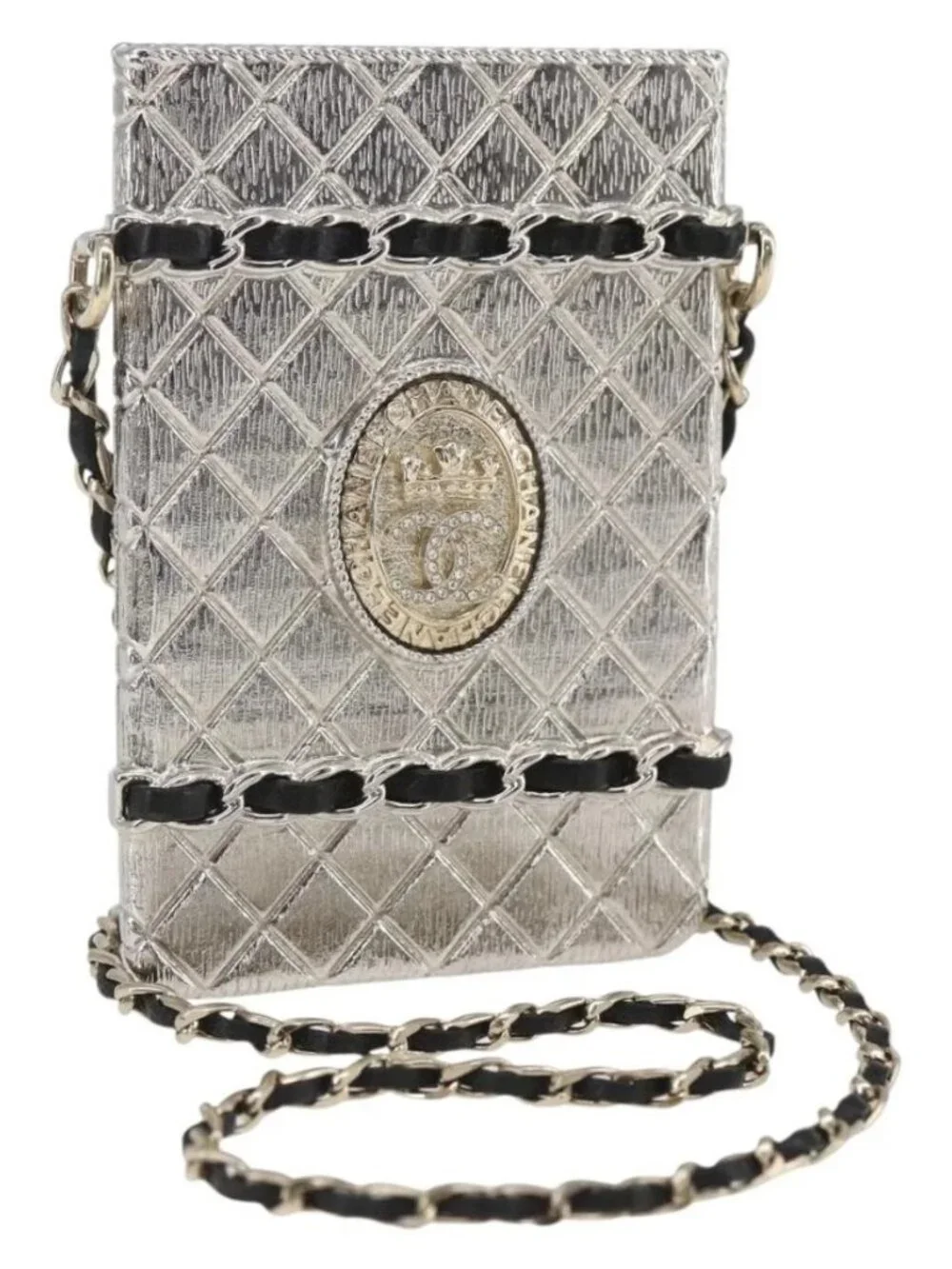 CHANEL Chain Neck Card Case metal Silver tone CC Auth 164711SM